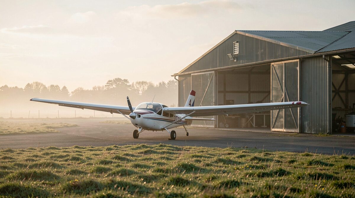Campo de vuelo británico al amanecer, un velero parado junto a un hangar, luz suave y niebla baja, encuadre amplio a ras de hierba.