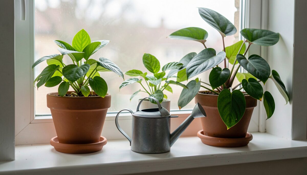 A windowsill with three potted houseplants of different leaf shapes and a small watering can