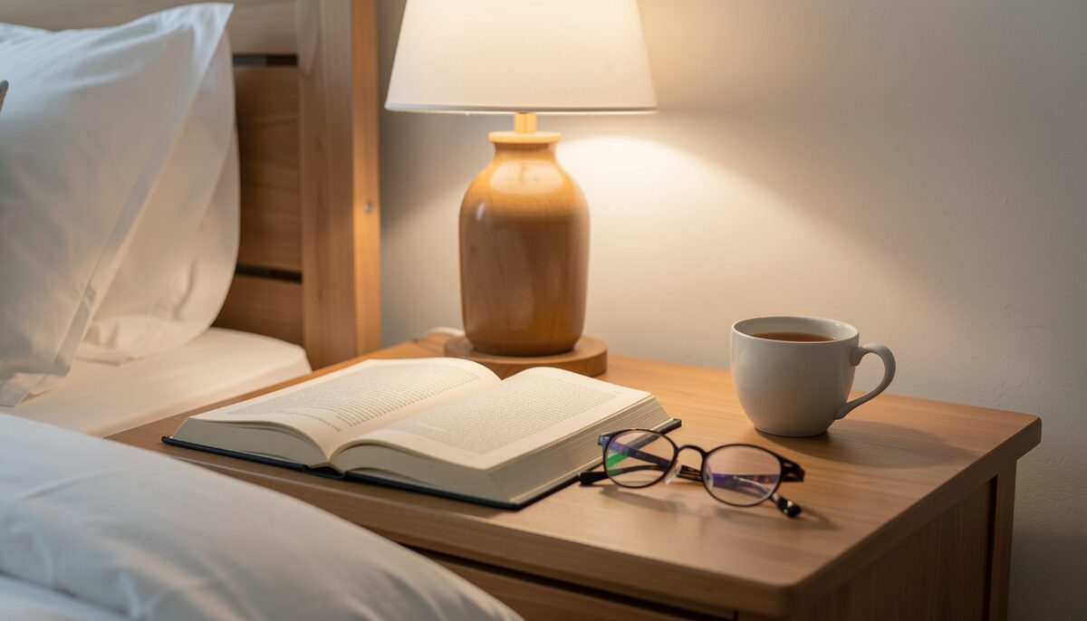 A bedside table with an open book, reading glasses and a cup of tea under warm lamplight